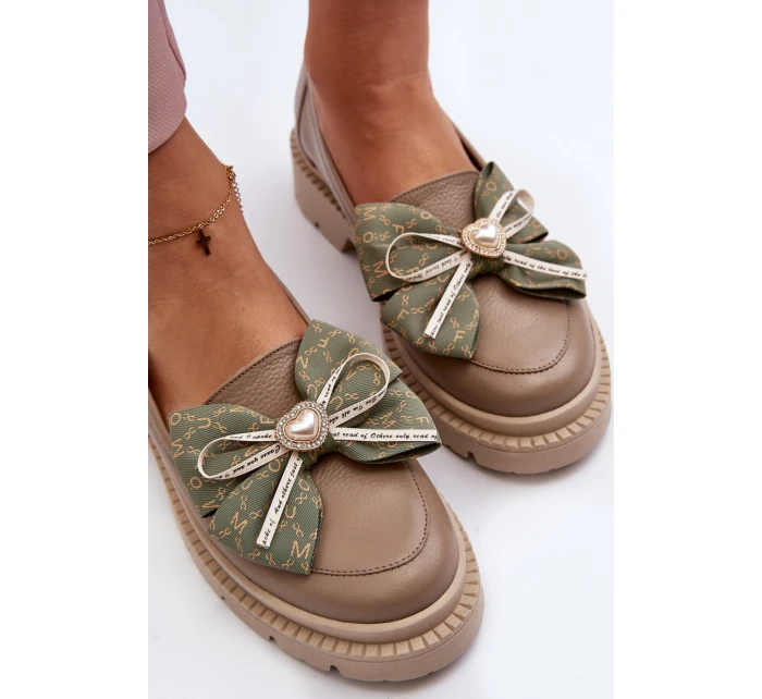 Damskie Skórzane Mokasyny Z Kokardą Laura Messi 2787 Beżowe