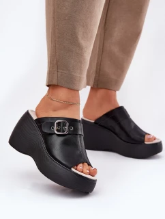 Kožené Dámské Sandály Na Platformě A Klínu S Přezkou Černé model 21695817 - S.Barski