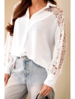 Dámske viskózové tričko s čipkovanými rukávmi a golierom biele