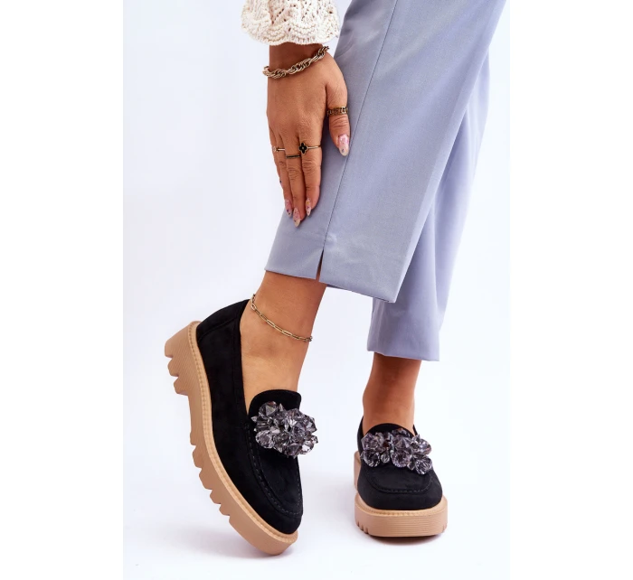 Módní semišové mokasíny s krystaly Černé model 21615397 - VINCEZA