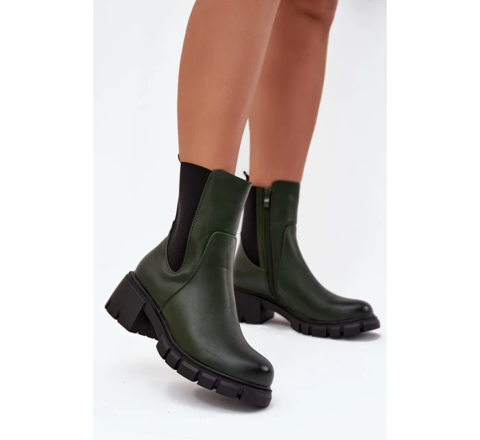 Botki Damskie Na Klocku Eko Skórzane Ciemnozielone Kyra Botki Damskie Na Klocku Eko Skórzane Ciemnozielone Kyra