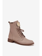 Skórzane Botki Damskie Na Płaskim Obcasie Ze Złotym Detalem Zazoo 3084 Beżowe