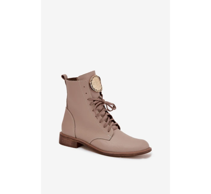 Skórzane Botki Damskie Na Płaskim Obcasie Ze Złotym Detalem Zazoo 3084 Beżowe