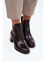 Skórzane Lakierowane Botki Na Klocku Z Ozdobnym Detalem Ocieplane Zazoo 60560 Bordowe