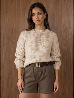 Dámsky oversize sveter s copánkovým vzorom, svetlo béžový, FashionStreet MY2590