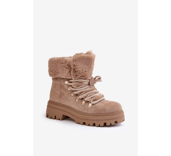 Sznurowane Trapery Damskie Z Futerkiem Ciemnobeżowe Vaminia Sznurowane Trapery Damskie Z Futerkiem Ciemnobeżowe Vaminia