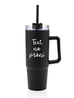 TEXT NA ŽIADOSŤ - čierny cestovný termohrnček s priehľadným viečkom 900 ml