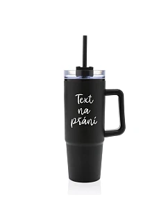 TEXT NA ŽIADOSŤ - čierny cestovný termohrnček s priehľadným viečkom 900 ml