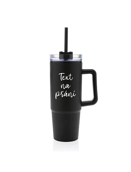 TEXT NA ŽIADOSŤ - čierny cestovný termohrnček s priehľadným viečkom 900 ml