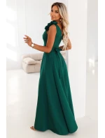 model 21802216 Elegantní večerní maxi šaty s rozparkem a růžemi lahvově zelené - numoco