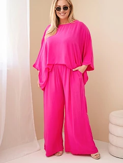 Dámský komplet Plus Size z viskózy se širokými kalhotami a halenkou fuchsiová