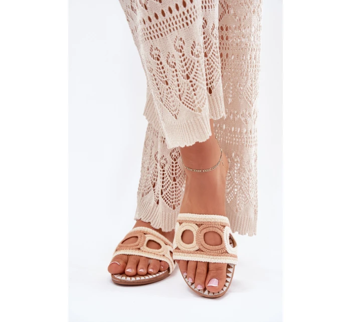 Szydełkowe Klapki Damskie Na Płaskim Obcasie Beżowe Nirina