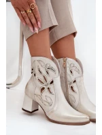 Skórzane Ażurowe Botki Damskie Na Słupku Zazoo 3647 Złoty Przecierany