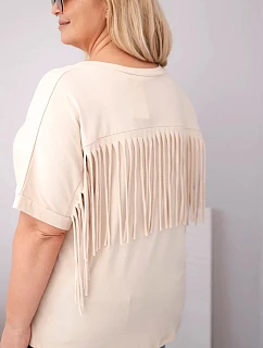 Dámská bavlněná halenka s výstřihem do V a třásněmi na zádech béžová