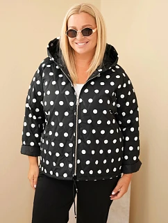 Dámska bunda Plus Size s kapucňou, s bodkami, čierna