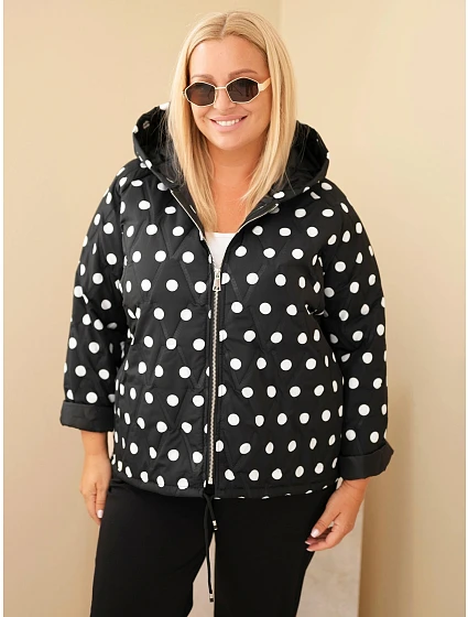 Dámska bunda Plus Size s kapucňou, s bodkami, čierna