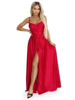 model 22015478 Dlouhé společenské šaty bez ramínek s rozparkem na nohou červené - numoco basic