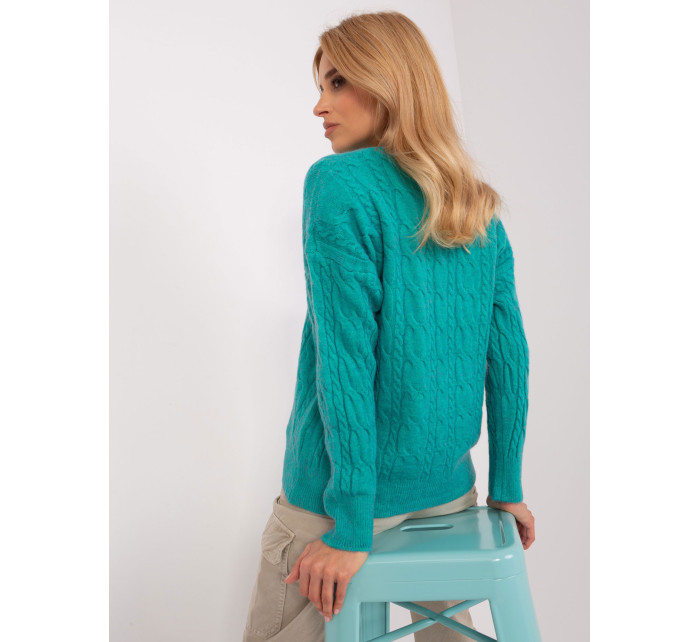 Tyrkysový sveter s káblami a okrúhlym výstrihom