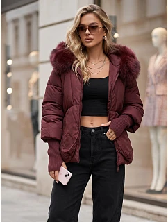 Dámská zimní prošívaná bunda s kožešinovým lemem, vínová, FashionStreet TY5992