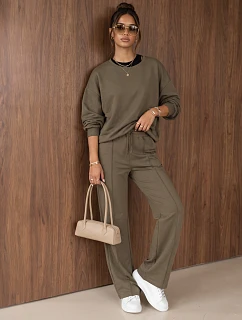 Dámska tepláková súprava so širokými nohavicami v khaki farbe FashionStreet AY1229