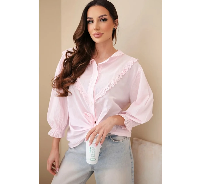 Dámske bavlnené tričko s čipkou a kravatami candy pink