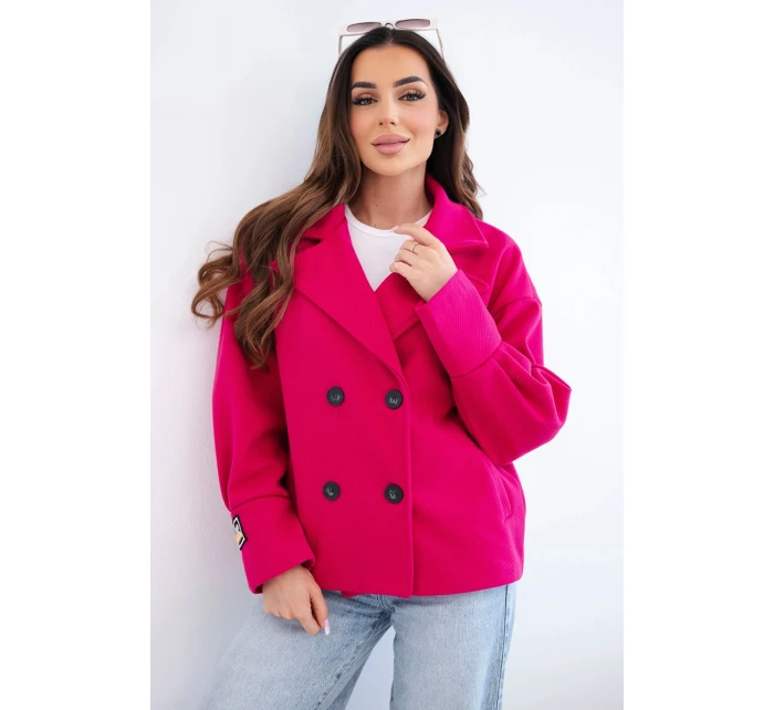 Dámske krátke dvojradové sako s golierom fuchsiovej farby