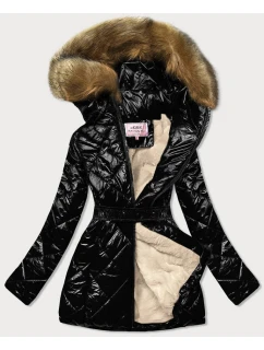 Čierno-hnedá lesklá zimná bunda s machovou kožušinovou podšívkou (w756)