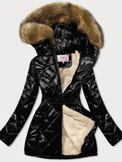 Čierno/hnedá lesklá zimná bunda s machovitým kožúškom (W756)