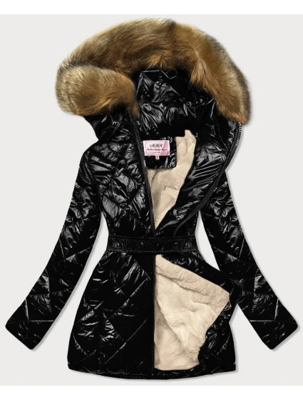 Čierno-hnedá lesklá zimná bunda s machovou kožušinovou podšívkou (w756)