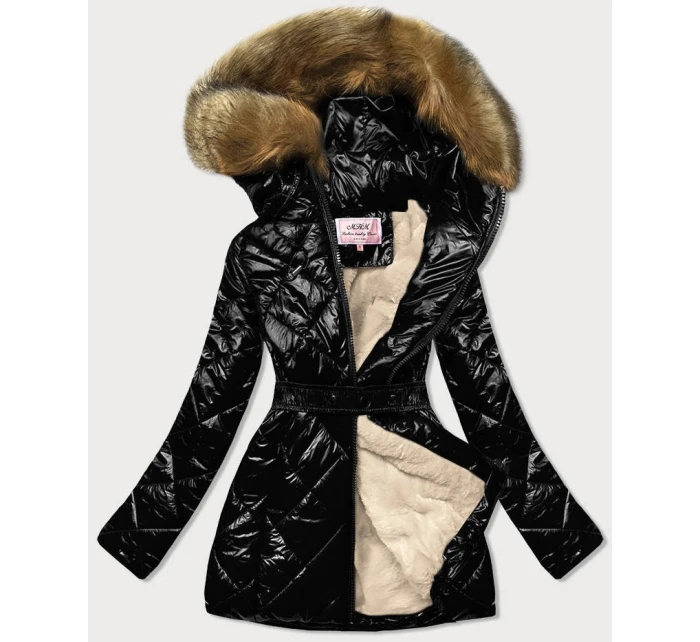 Čierno-hnedá lesklá zimná bunda s machovou kožušinovou podšívkou (w756)