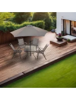 SET ZÁHRADNÉHO NÁBYTKU SYDNEY STÔL 4 STOLIČKY A SLNEČNÍK SIVÝ