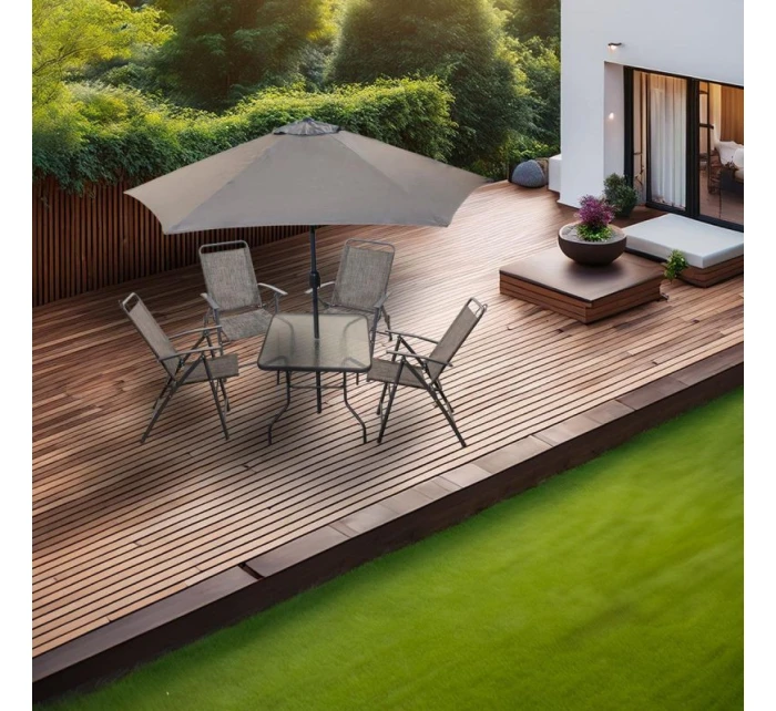 SET ZÁHRADNÉHO NÁBYTKU SYDNEY STÔL 4 STOLIČKY A SLNEČNÍK SIVÝ