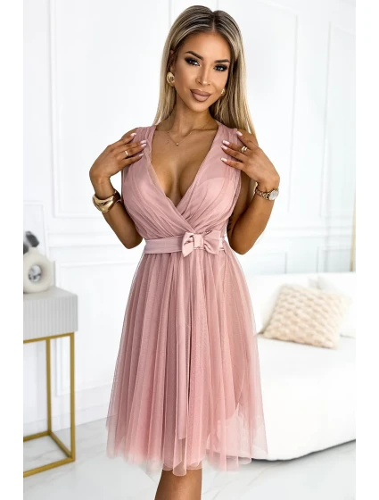 523-1 Tylové šaty s výstrihom a mašľou - BRUCE PINK