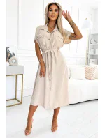 Béžové dámské košilové midi šaty se zlatými zavazováním a krátkými rukávy model 20187384 - numoco basic Béžové dámské košilové midi šaty se zlatými zavazováním a krátkými rukávy model 20187384 - numoco basic