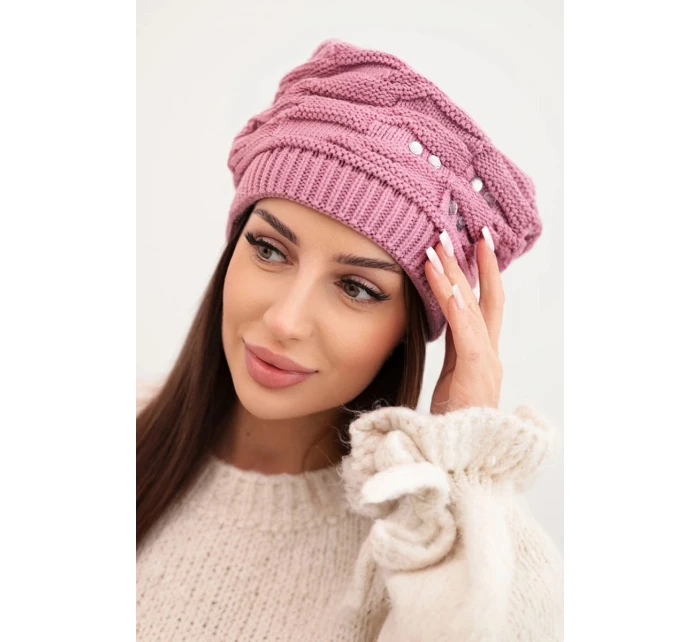 Dámska zimná pletená čiapka s ozdobnými kryštálmi K399 fialová