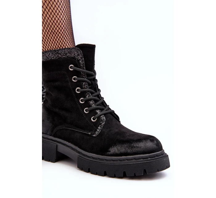 Zdobione Botki Workery Damskie Na Suwak Czarne Santelia Zdobione Botki Workery Damskie Na Suwak Czarne Santelia