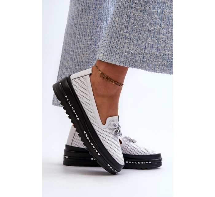 Mokasyny Damskie Skórzane Na Platformie S.Barski LR400 Białe