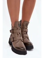 Skórzane Ocieplane Botki Damskie Z Klamrami I Ozdobnym Detalem Zazoo 60482 Ciemnobeżowe