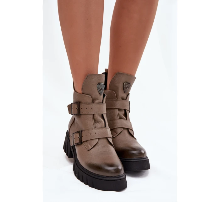 Skórzane Ocieplane Botki Damskie Z Klamrami I Ozdobnym Detalem Zazoo 60482 Ciemnobeżowe