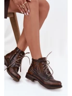 Dámské kotníkové boty z pravé kůže na ploché podrážce model 21713963 hnědé - Maciejka