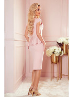 Elegantné dámske midi šaty v púdrovo ružovej farbe s volánikom 192-13