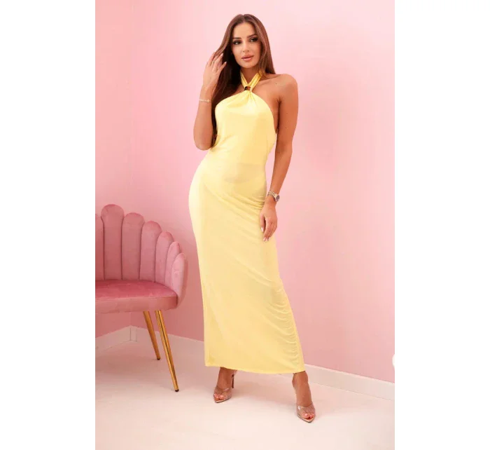 Dámske maxi šaty s odhaleným chrbtom a volánom - žlté