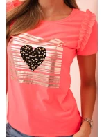Dámska bavlnená blúzka s volánom a kamienkovým srdcom ružovej farby Dámska bavlnená blúzka s volánom a kamienkovým srdcom ružovej farby