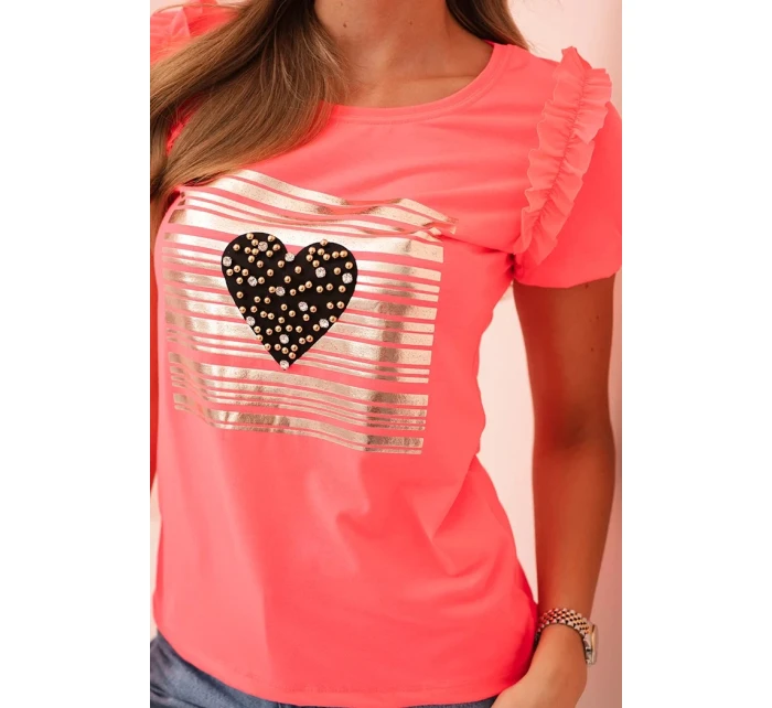 Dámska bavlnená blúzka s volánom a kamienkovým srdcom ružovej farby Dámska bavlnená blúzka s volánom a kamienkovým srdcom ružovej farby