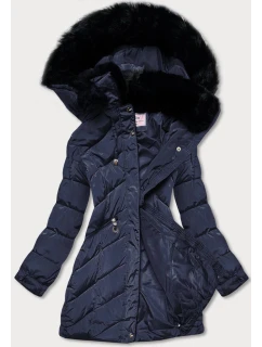 Tmavomodrá prešívaná dámska zimná bunda s kapucňou (w732)