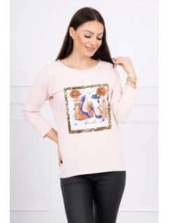 Blúzka s 3D grafikou a zdobenými volánikmi púdrovo ružová