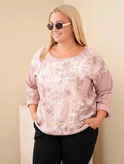 Dámska bavlnená blúzka Plus Size s potlačou a výstrihom do U, tmavo ružová, púdrová