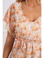 Kvetinové šaty s viazaním v páse ecru