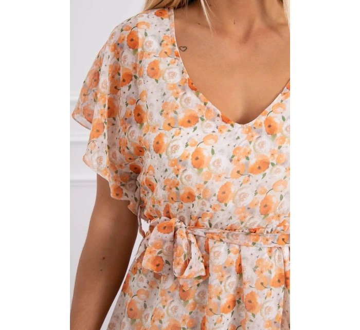 Kvetinové šaty s viazaním v páse ecru