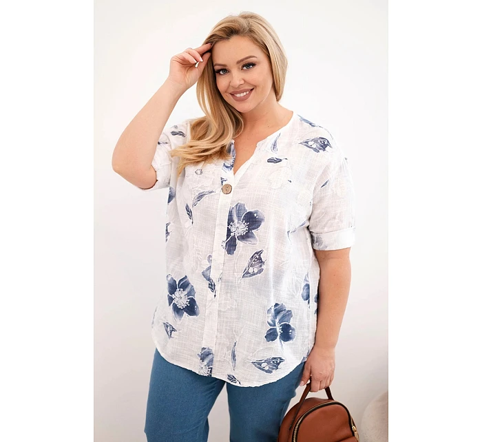 Dámská bavlněná halenka Plus Size s květinovým vzorem bílá